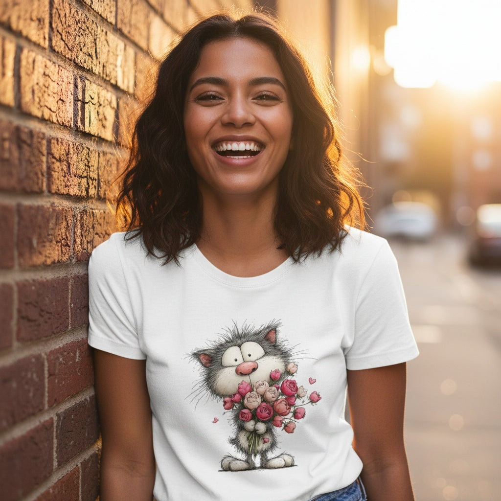 Woman wearing a white t-shirt with a cartoon cat design, sitting against a brick wall.