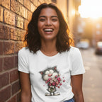 Woman wearing a white t-shirt with a cartoon cat design, sitting against a brick wall.