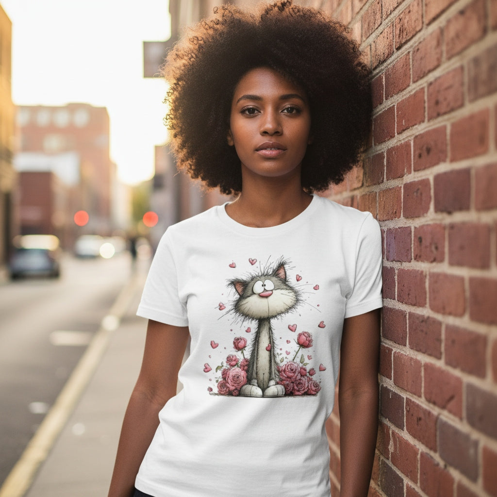 Woman wearing a white t-shirt with a cat graphic on a city street.