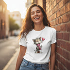 Woman wearing a white t-shirt with a cat graphic, standing against a brick wall in an urban setting.
