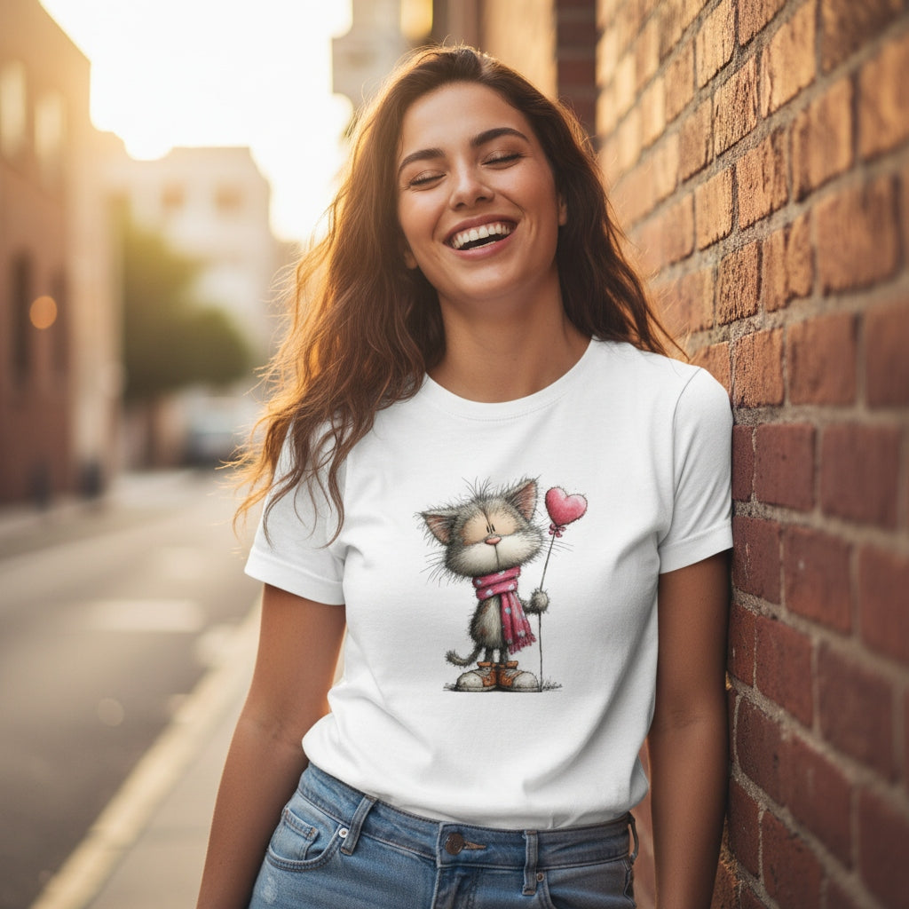 Woman wearing a white t-shirt with a cat graphic, standing against a brick wall in an urban setting.