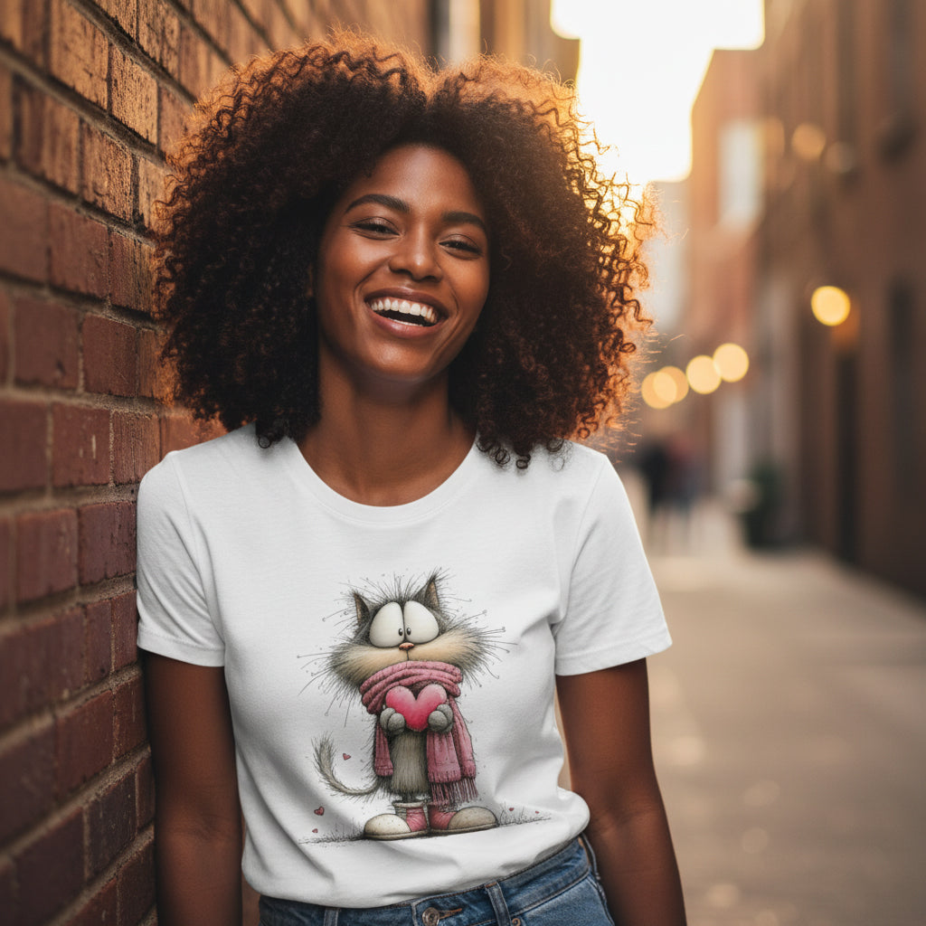White t-shirt featuring a cute cat graphic, perfect for casual wear, made from soft cotton material.