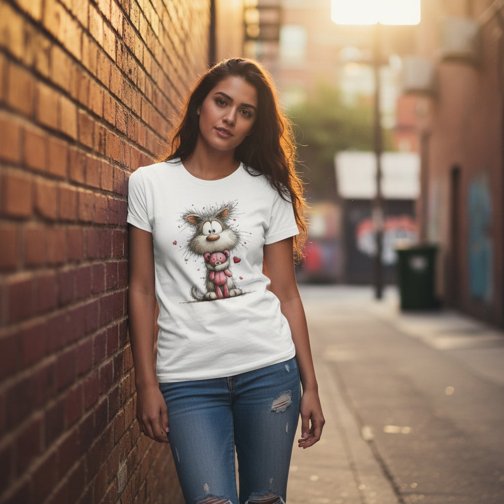 Cat Hugging Pink Teddy Bear T-Shirt - Valentine's Day Love & Cuddles by StayClothed.com