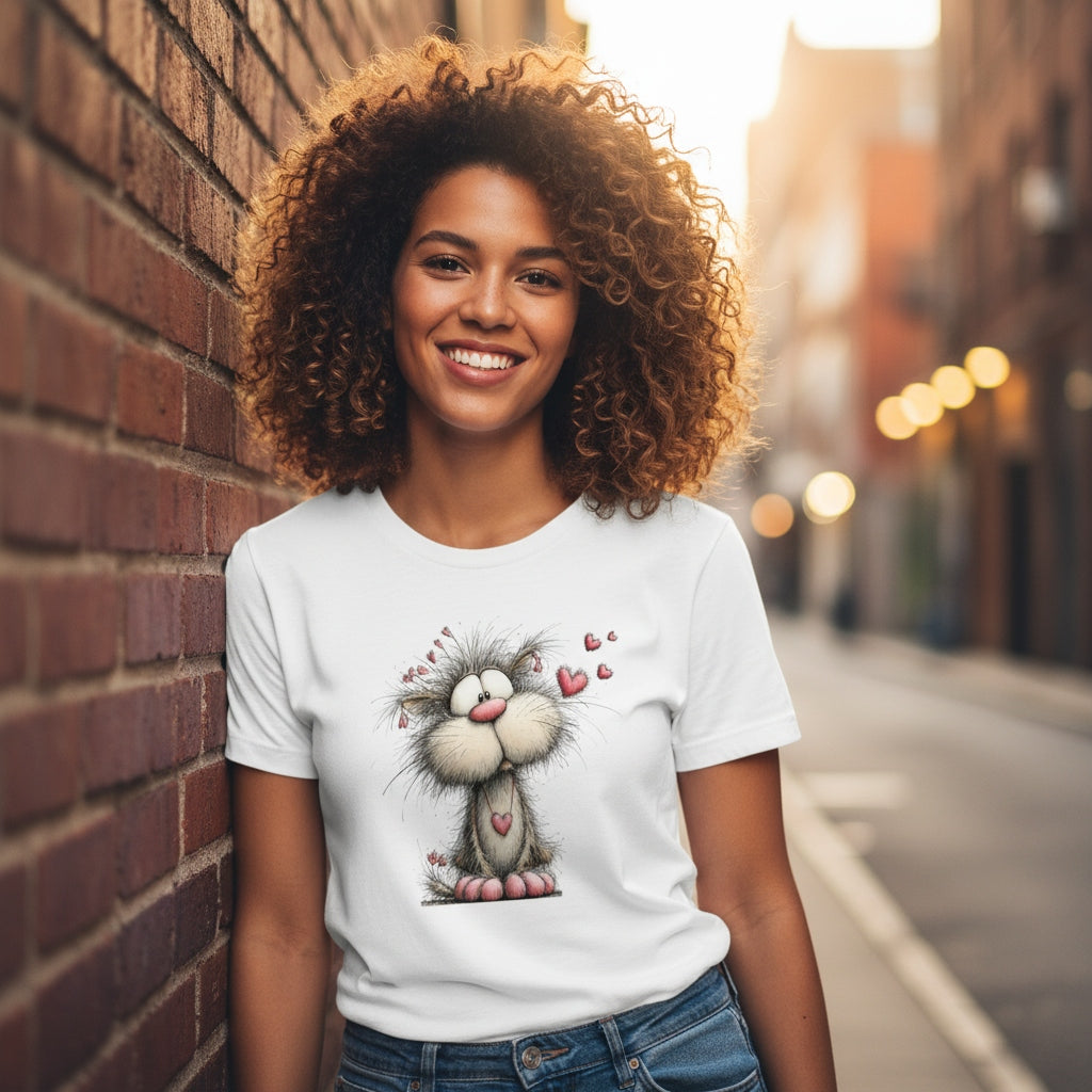 Woman wearing a white t-shirt with a cartoon cat design, standing against a brick wall.
