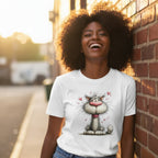 Woman wearing a white t-shirt with a cat graphic, standing against a brick wall.
