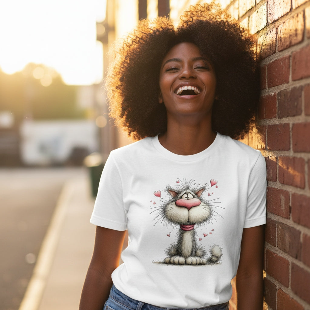 Woman wearing a white t-shirt with a cat graphic, standing against a brick wall.
