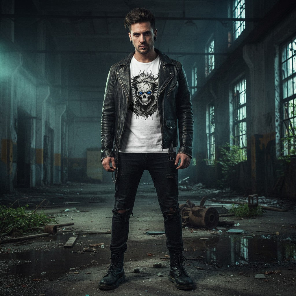 Man in a leather jacket and graphic t-shirt standing in an abandoned industrial building.