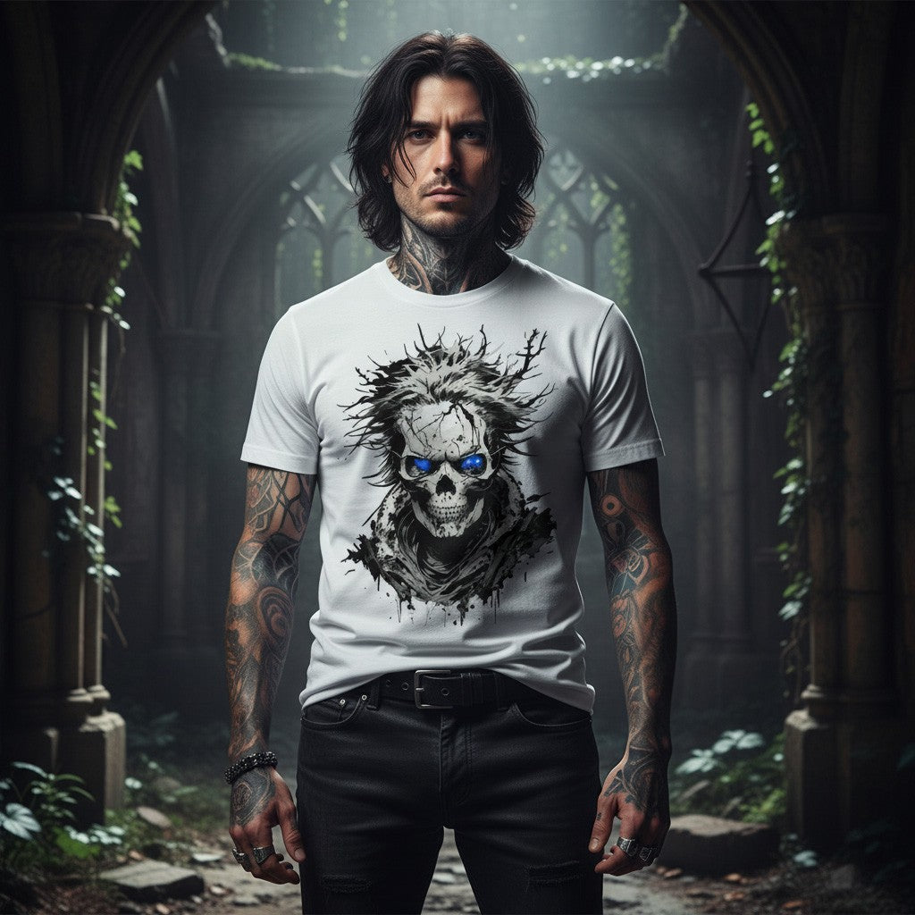 Man wearing a white t-shirt with a skull design in a gothic setting