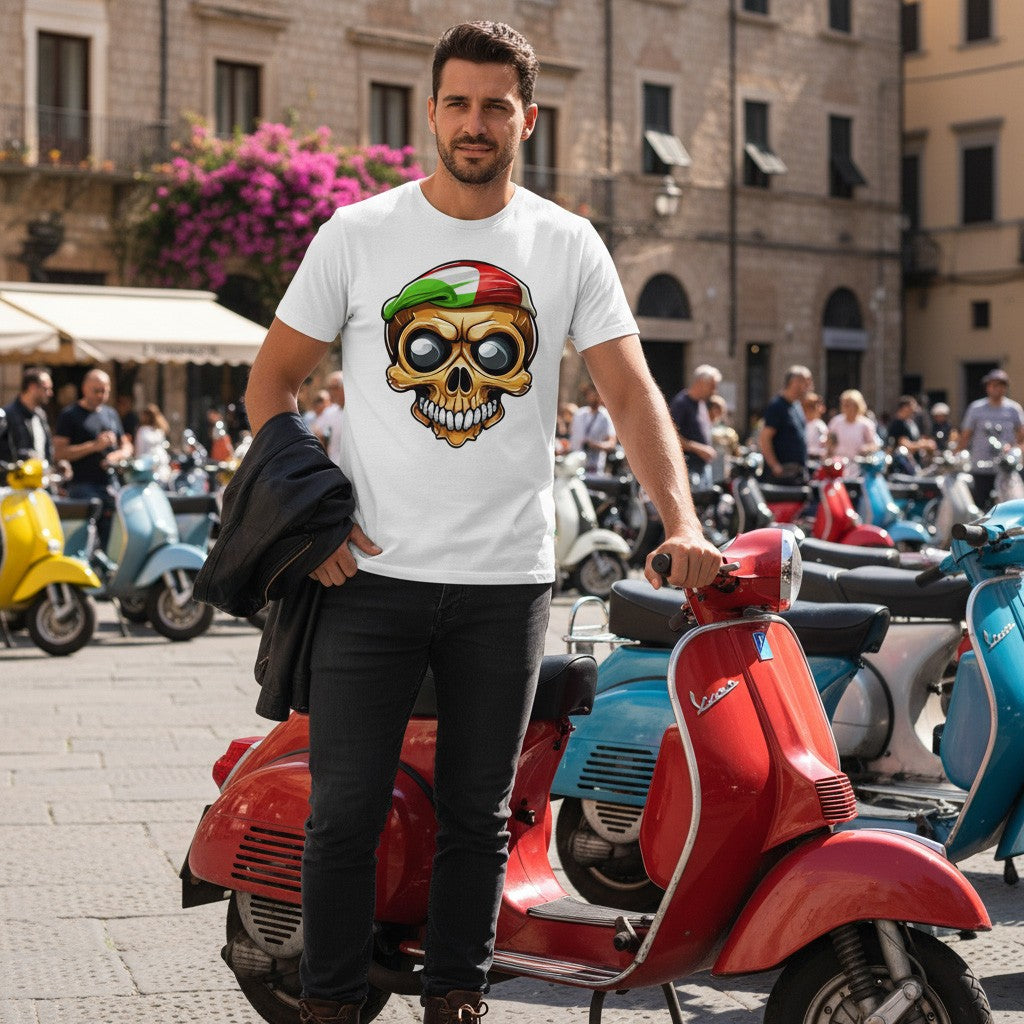 Man wearing a white t-shirt with a skull design, standing next to a red Vespa scooter in an urban setting.