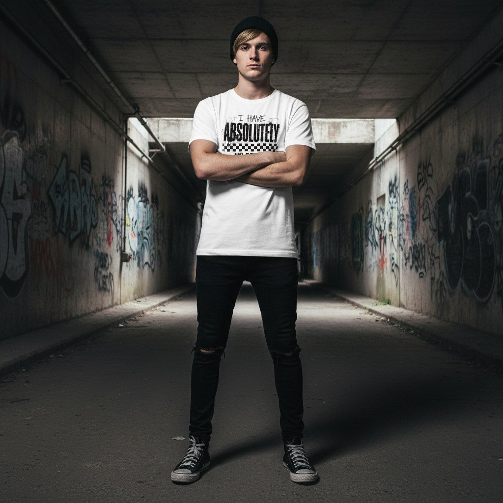White man wearing a white t-shirt in a streetwear style photo.