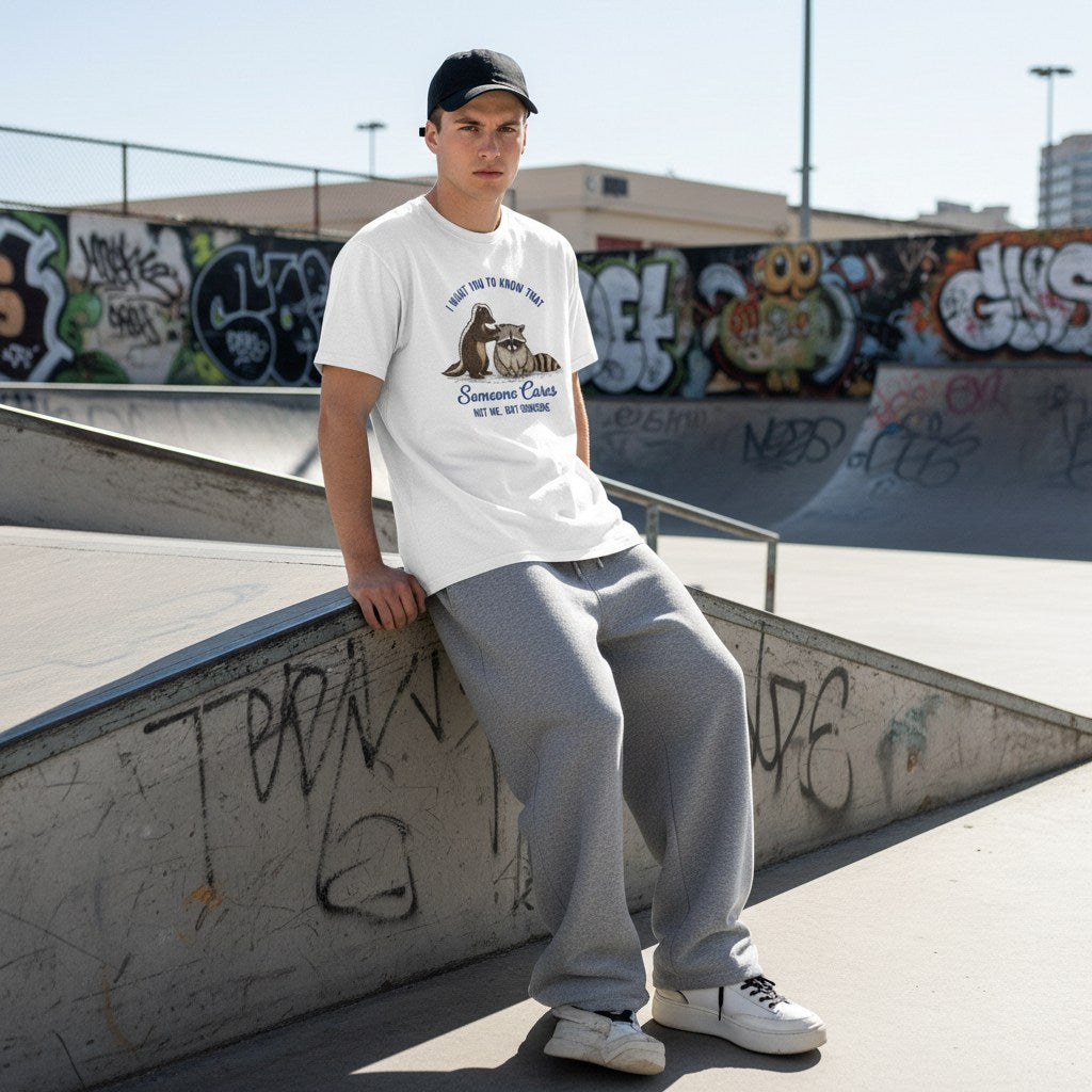 White man in streetwear wearing a white t-shirt outdoors.
