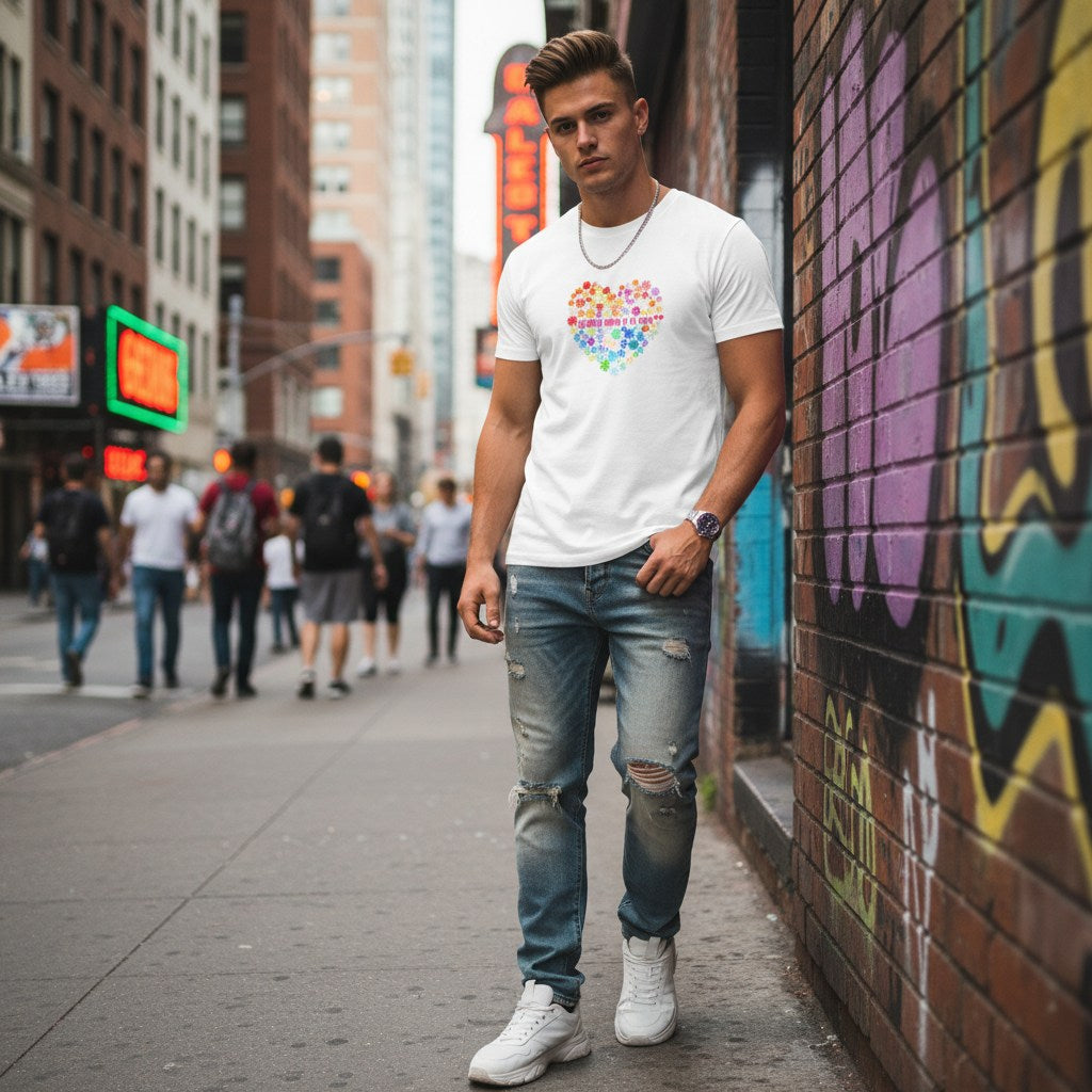 White man wearing a white Celebrate Minds of All Kinds floral heart t-shirt.