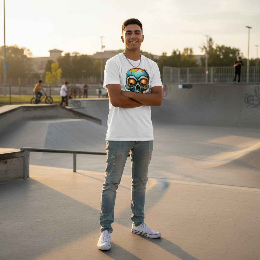 Person standing in a skate park with arms crossed, wearing a white t-shirt with a colorful graphic design.
