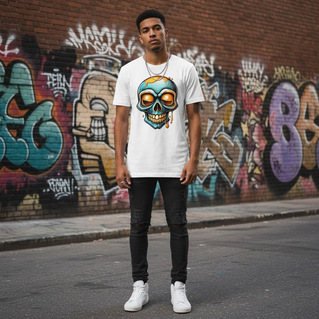 Person wearing a white t-shirt with a colorful skull design in front of a graffiti-covered wall.