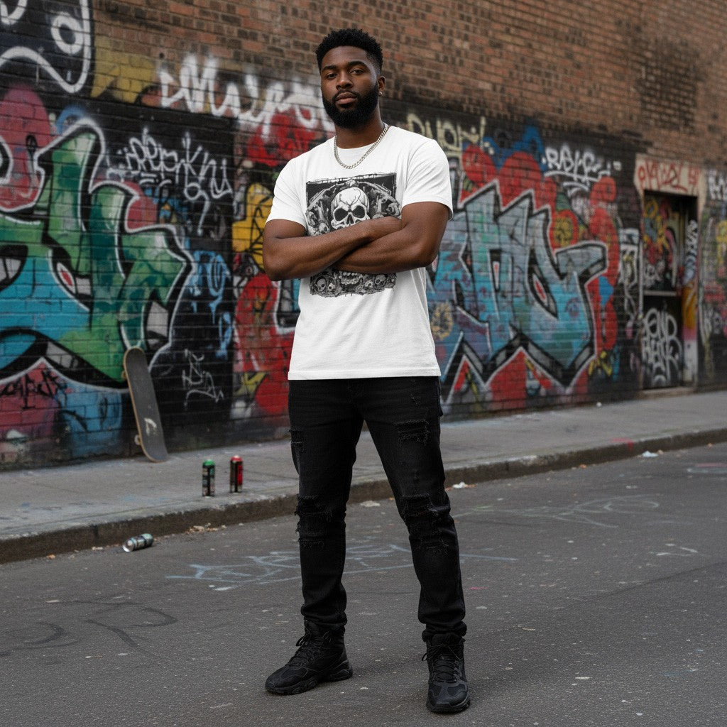 Man standing in front of a graffiti-covered wall wearing a white t-shirt featuring a dark skull pile design.