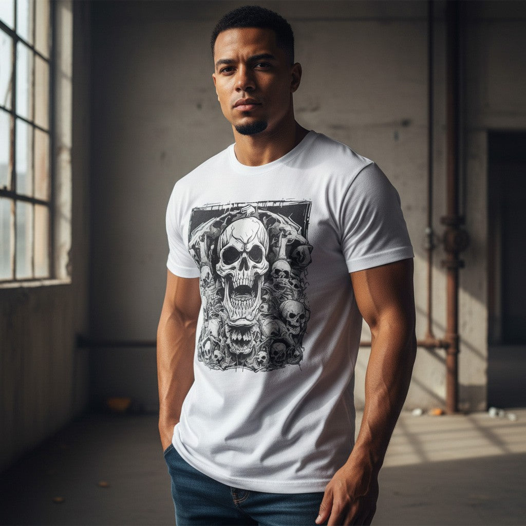 Man wearing a white t-shirt featuring a dark skull pile design in an urban setting