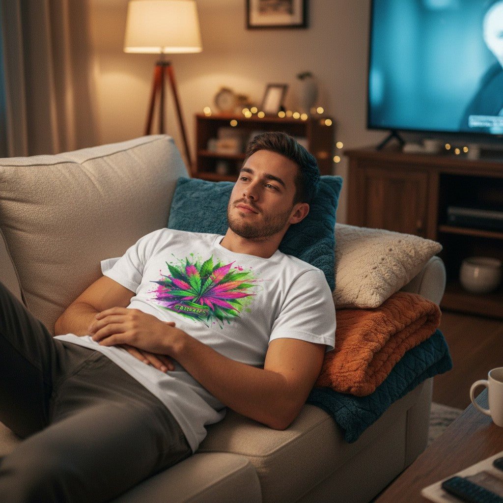 Man relaxing on a couch in a living room with a colorful white t-shirt featuring a very colorful cannabis leaf