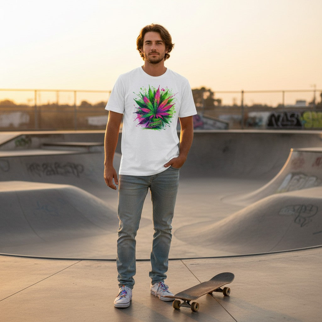 Man standing in a skate park with a white colorful cannabis shirt and skateboard
