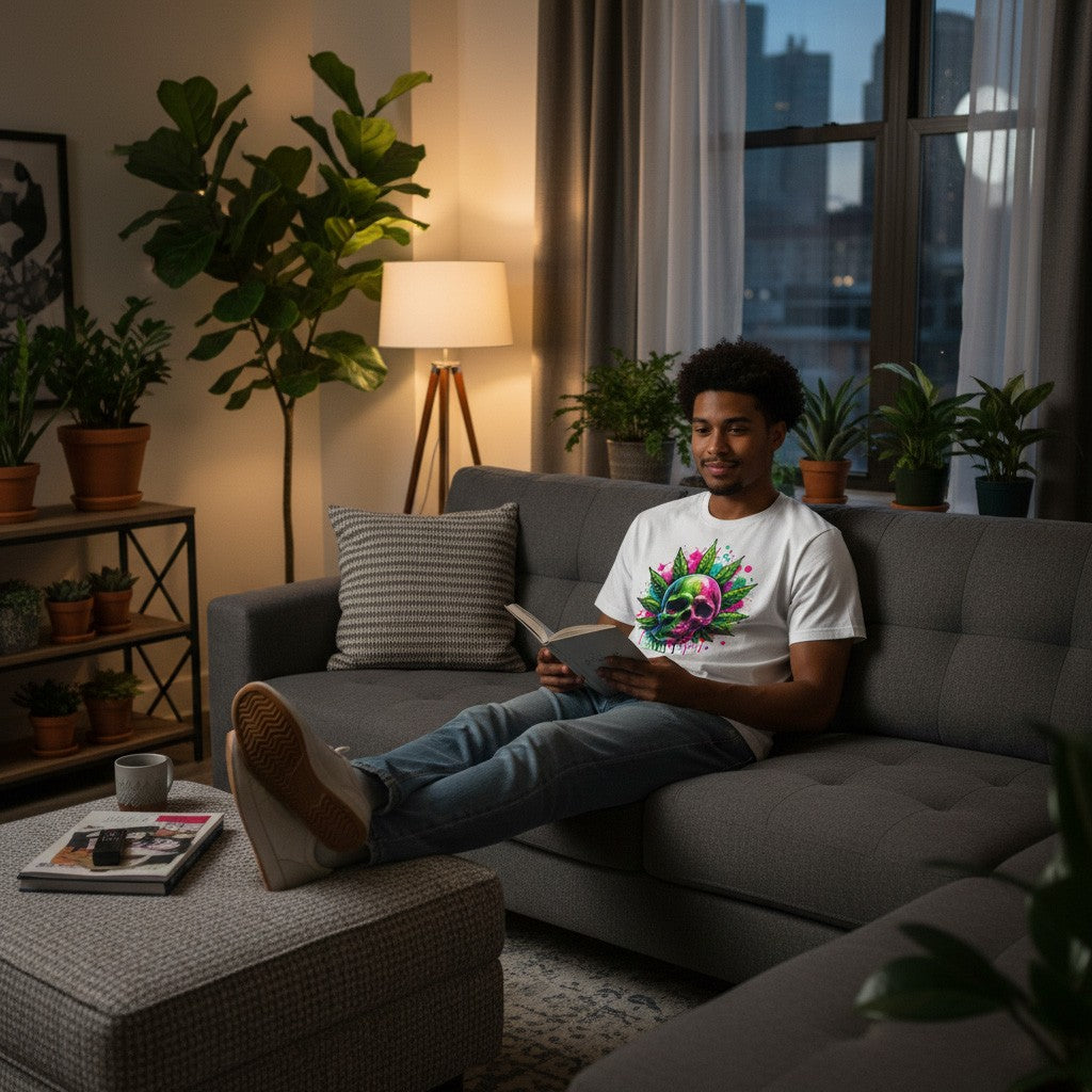 Man wearing a white t-shirt featuring a cannabis and skull design, sitting on a couch in a cozy living room with plants and city view.