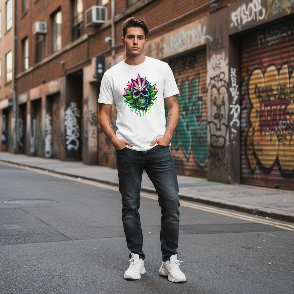 Man wearing a white t-shirt with a colorful cannabis skull design on a street with graffiti.