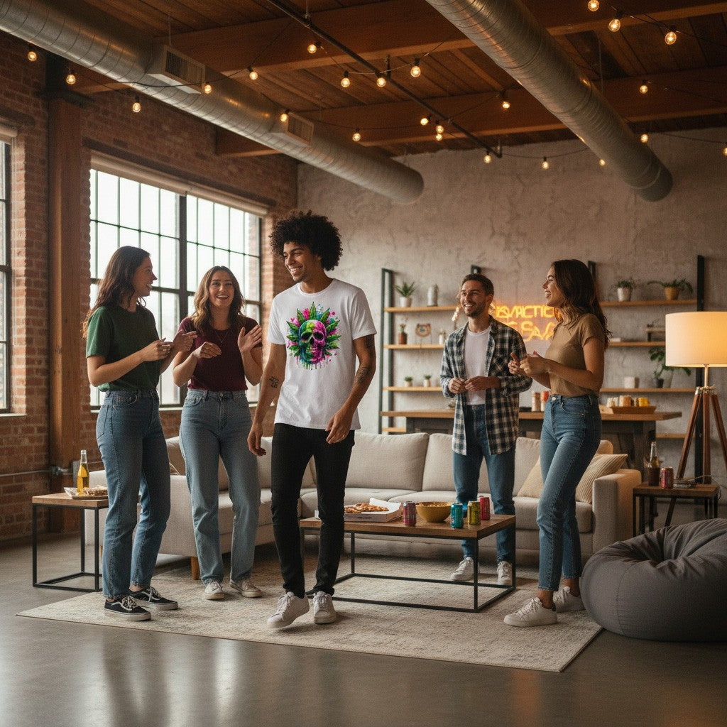 Group of friends socializing in a modern living room with exposed brick walls and wooden beams.