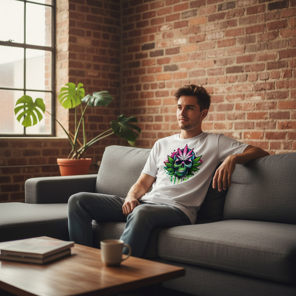 Man sitting on a couch wearing a white t-shirt with a colorful cannabis skull design, in a room with brick walls and plants.