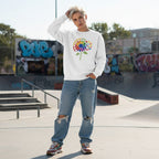 White non-binary person wearing a white Accept Understand Love rainbow sunflower sweatshirt.