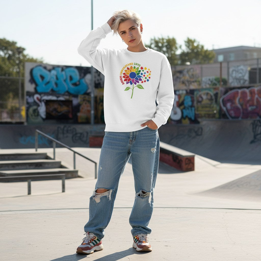 White non-binary person wearing a white Accept Understand Love rainbow sunflower sweatshirt.