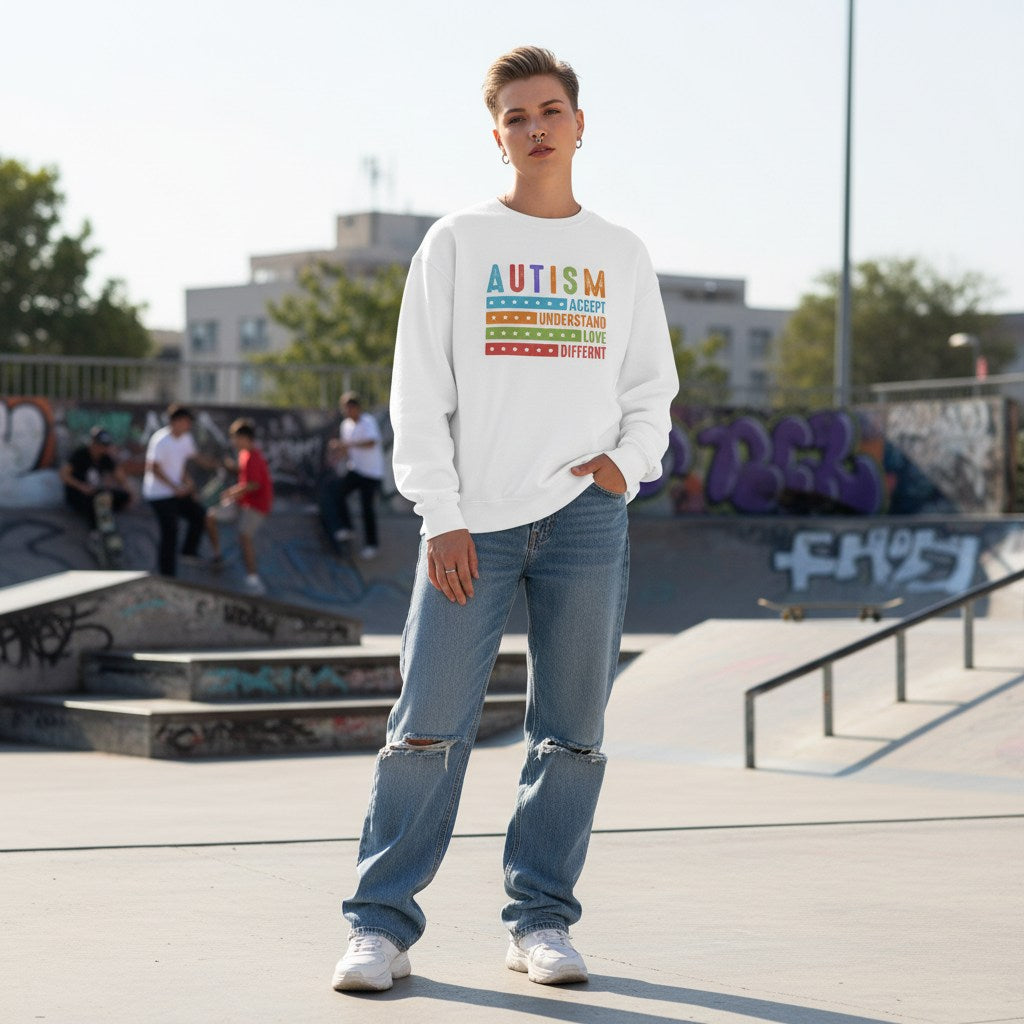 White non-binary person wearing a white autism awareness sweatshirt.