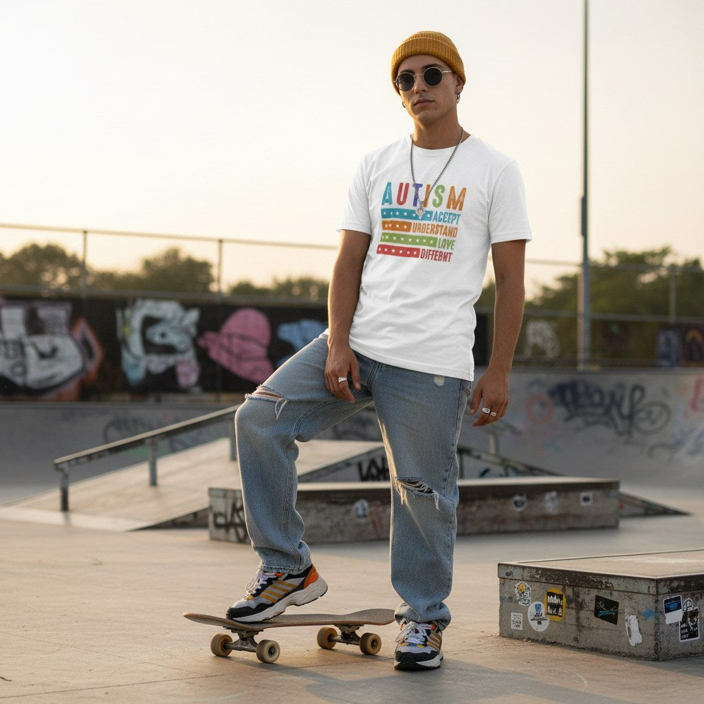 Non-binary person wearing a white autism awareness t-shirt.