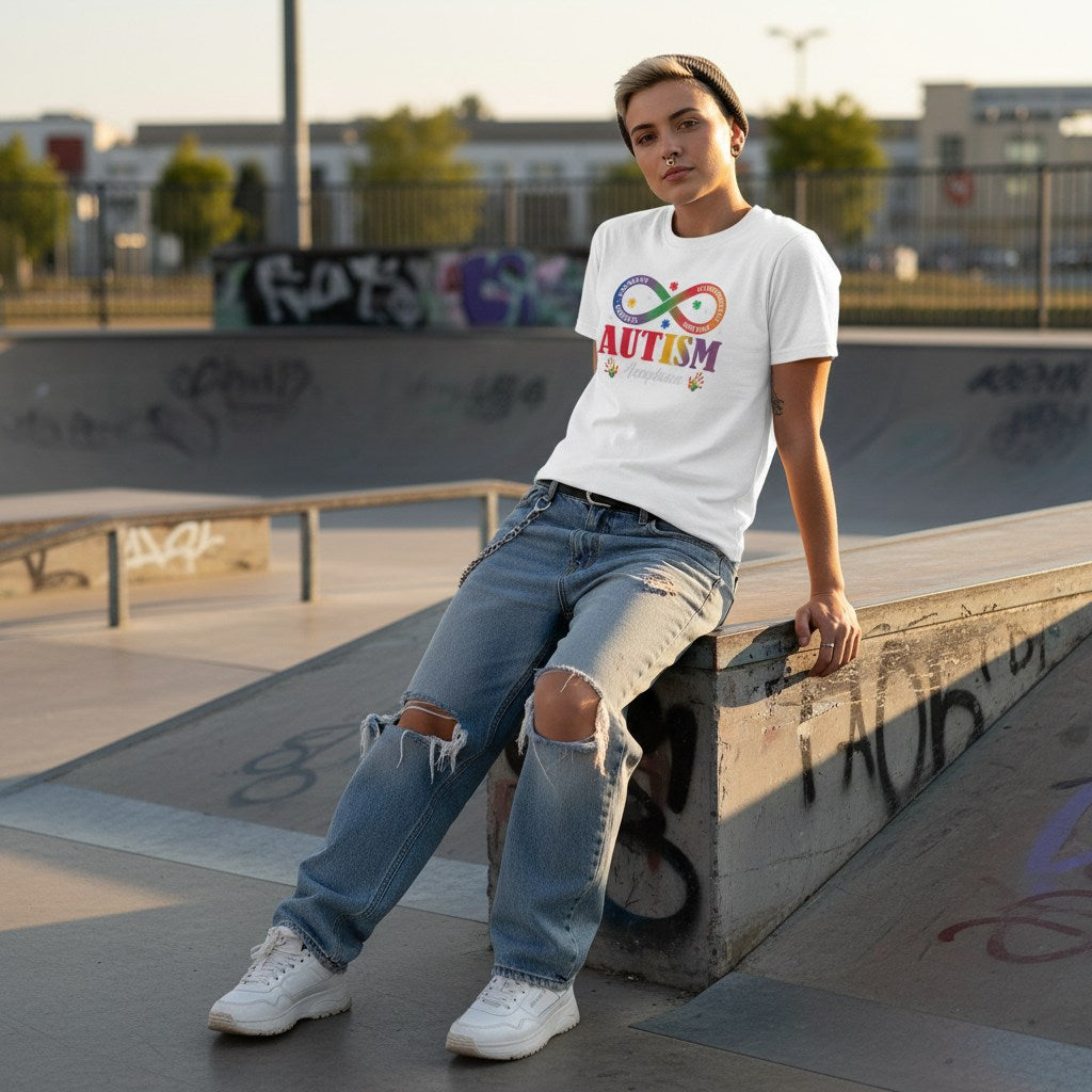 Non-binary person wearing a white autism acceptance infinity symbol t-shirt shown from the front.
