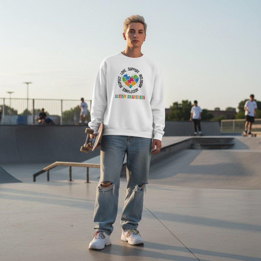 White non-binary person wearing a white autism awareness puzzle heart sweatshirt.