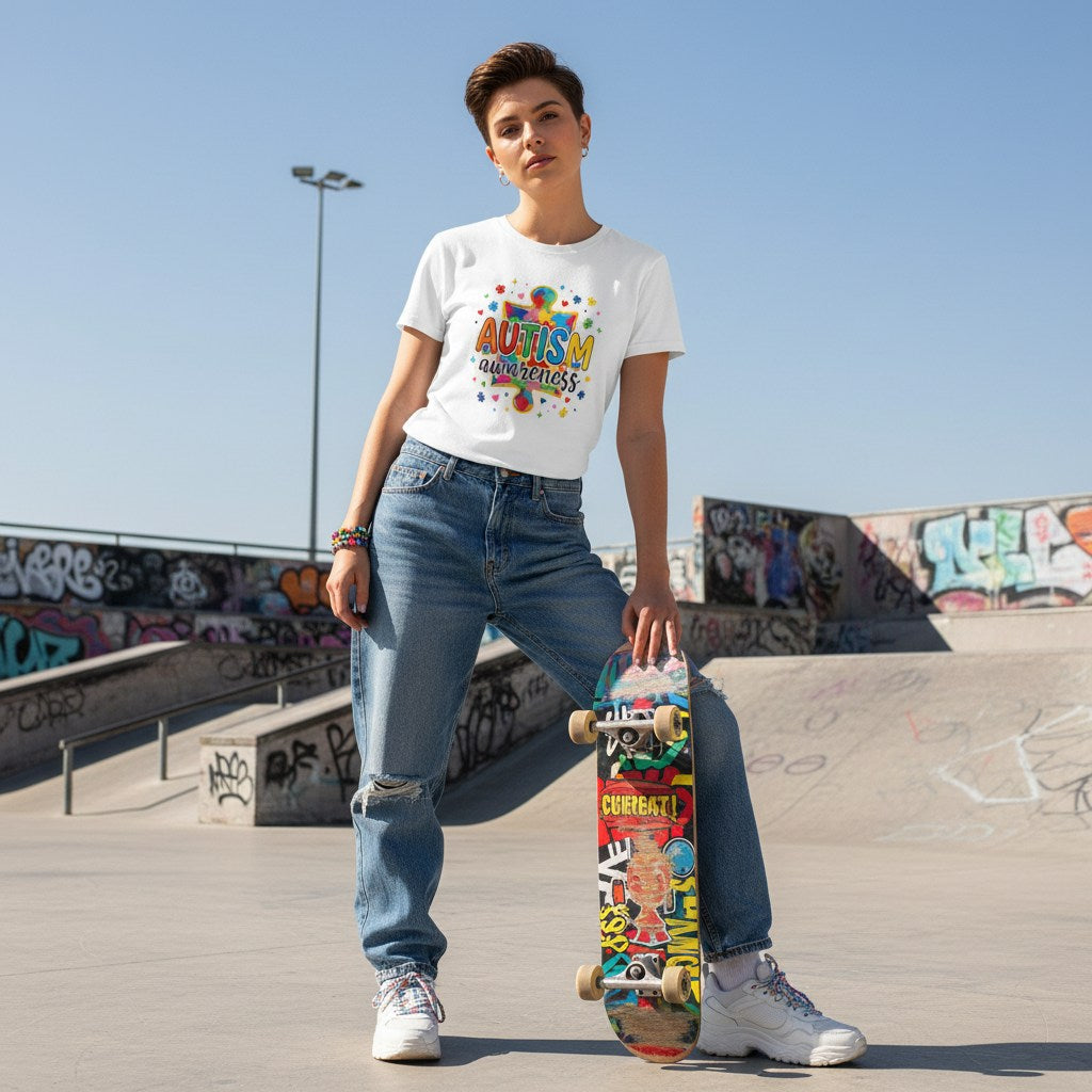 White non-binary person wearing a white autism awareness puzzle piece t-shirt.