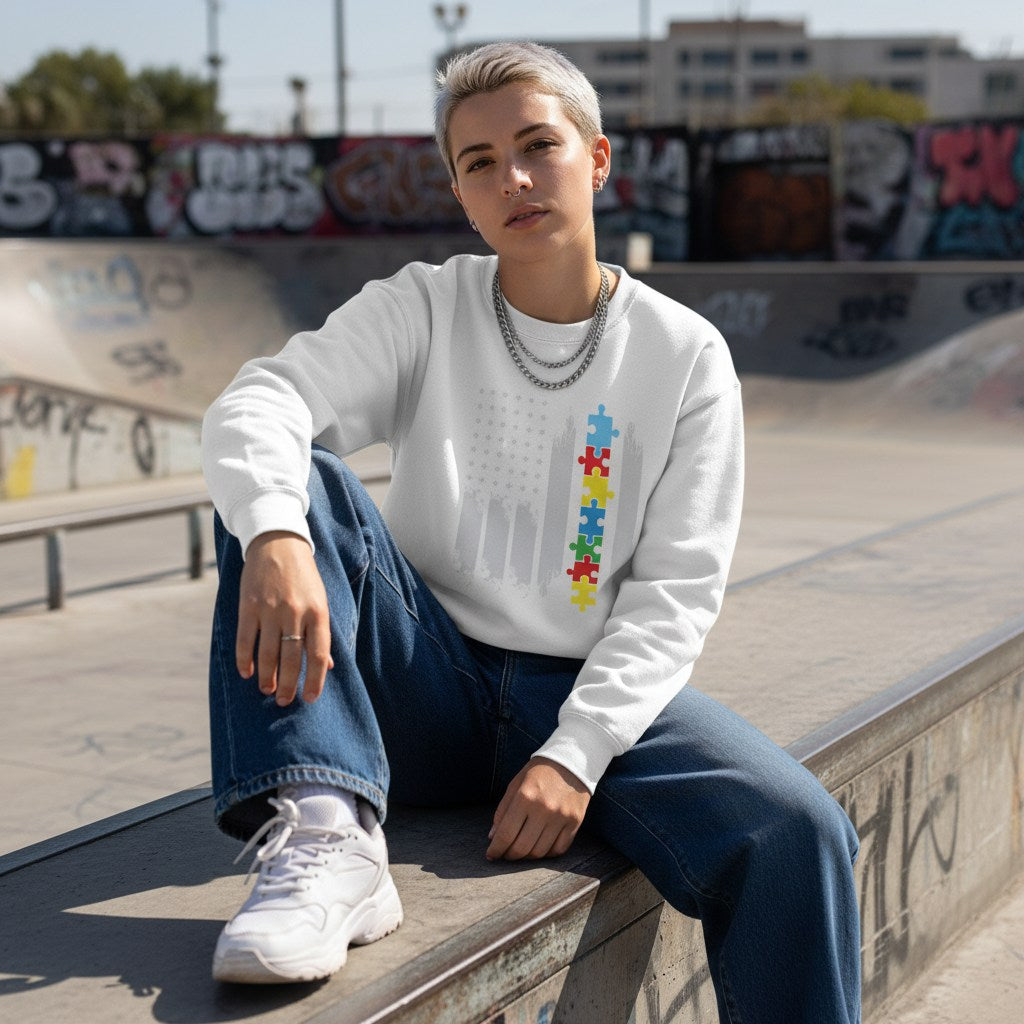 Non-binary person wearing a white autism flag sweatshirt.