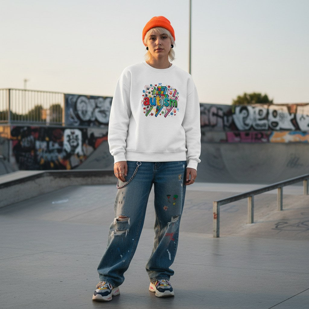 White non-binary person wearing a white autism lightning bolt doodle sweatshirt.