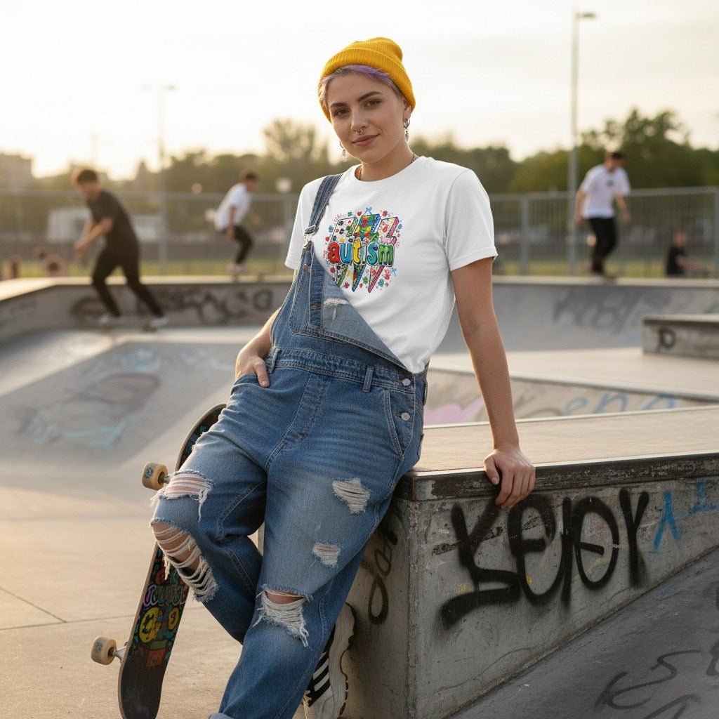 Non-binary person wearing a white autism lightning bolt doodle t-shirt.