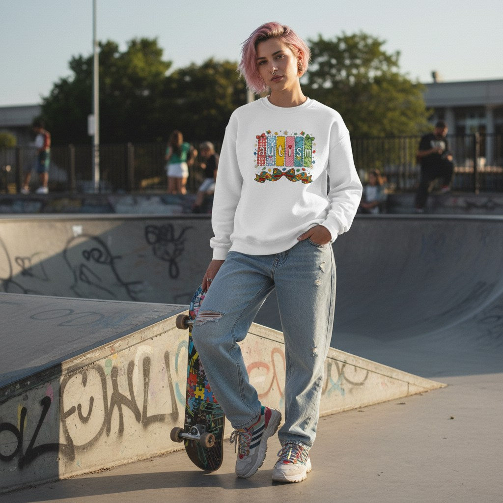 White non-binary person wearing a white autism patchwork panel sweatshirt.