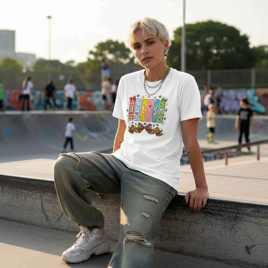 Non-binary person wearing a white autism awareness t-shirt in a streetwear style.