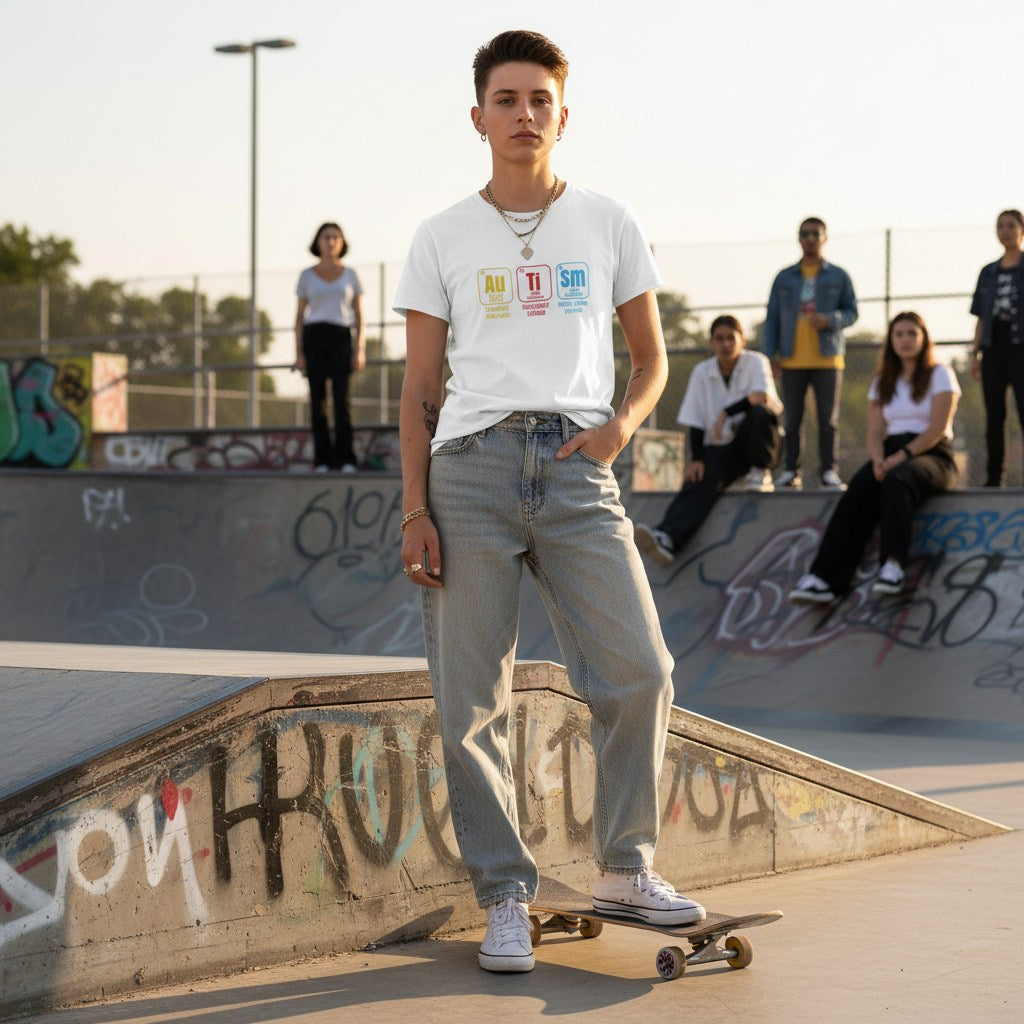 White non-binary person wearing a white autism periodic table t-shirt shown from the front.
