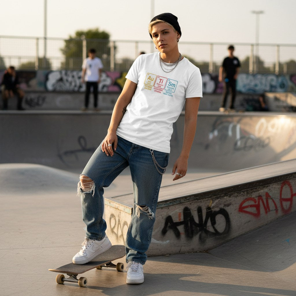 White non-binary person wearing a white autism periodic table t-shirt.