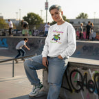 Non-binary person wearing a white be happy in your own shell sweatshirt.