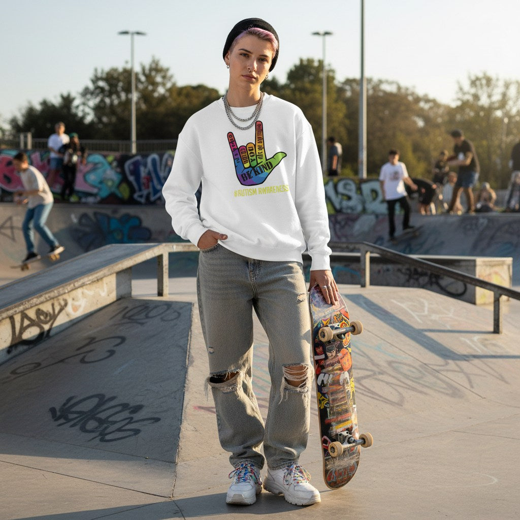 White non-binary person wearing a white "Be Kind" autism awareness sweatshirt.