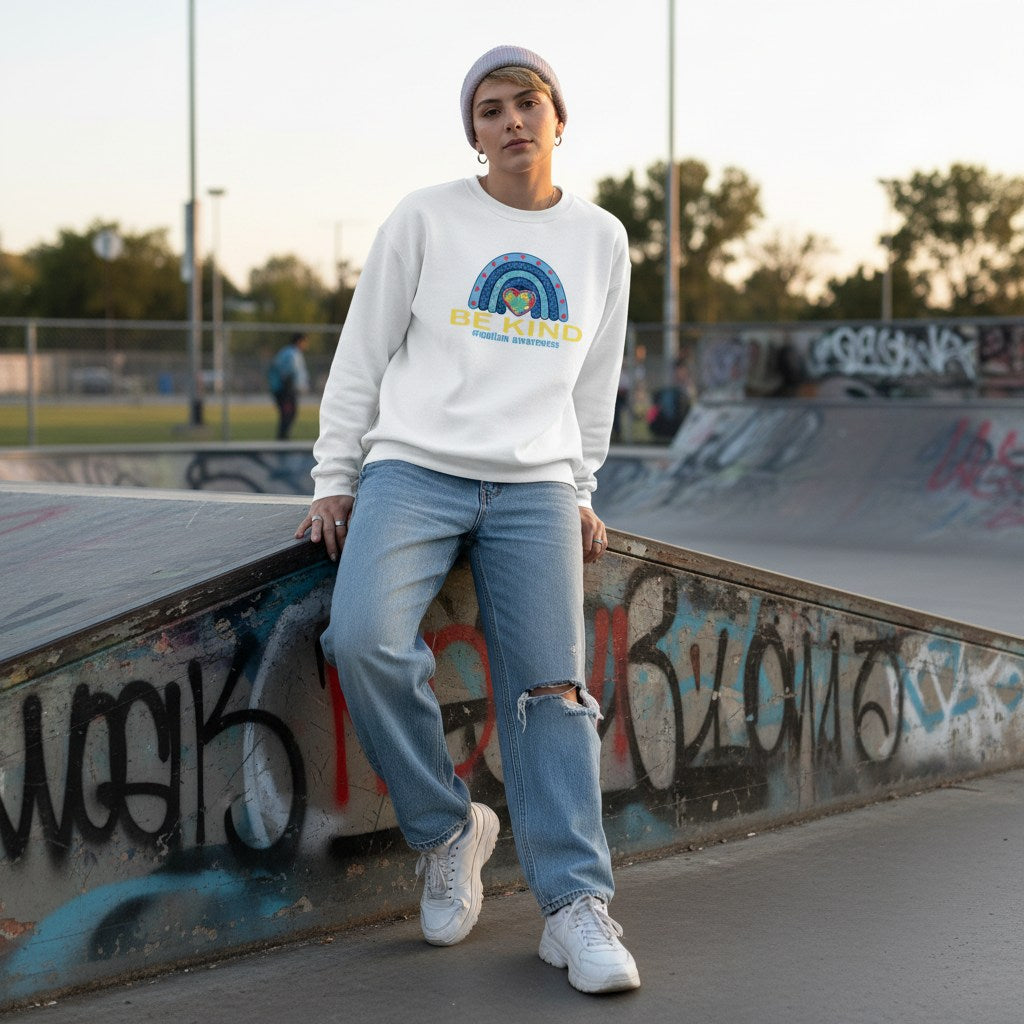 White non-binary person wearing a white be kind autism awareness sweatshirt.