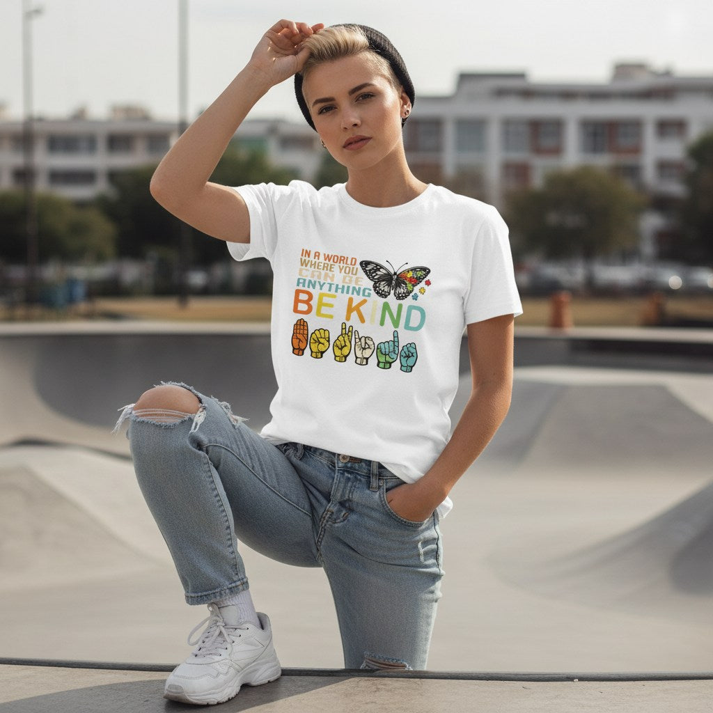 White non-binary person wearing a white Be Kind butterfly ASL t-shirt.