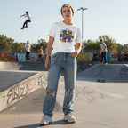 Non-binary person wearing a white autism awareness t-shirt in a streetwear style.