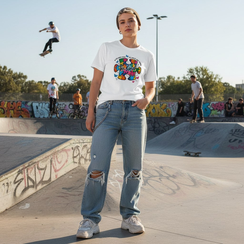 Non-binary person wearing a white autism awareness t-shirt in a streetwear style.