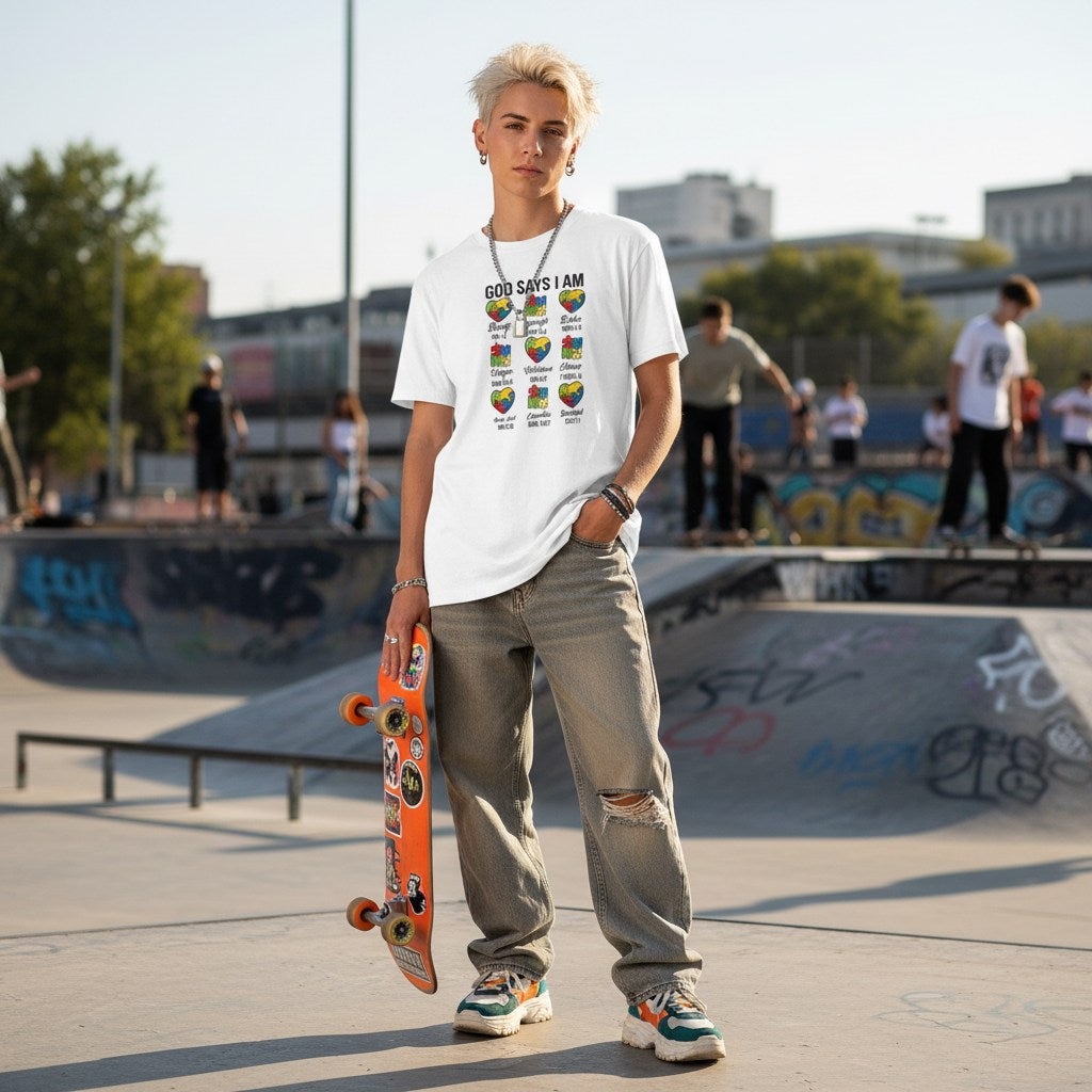 White non-binary person wearing a white autism affirmations puzzle hearts T-shirt.