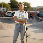 White non-binary person wearing a white God Says I Am autism awareness t-shirt.