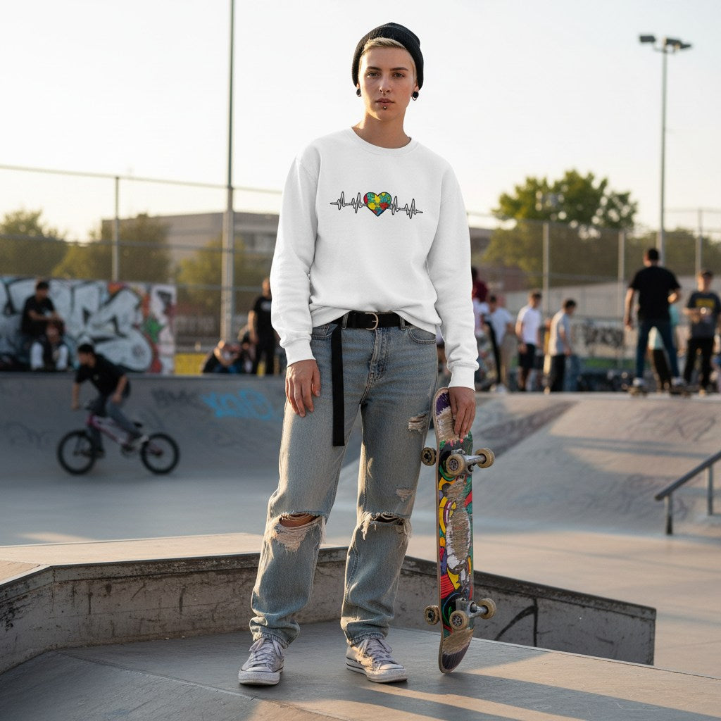 Non-binary person wearing a white heartbeat puzzle sweatshirt.