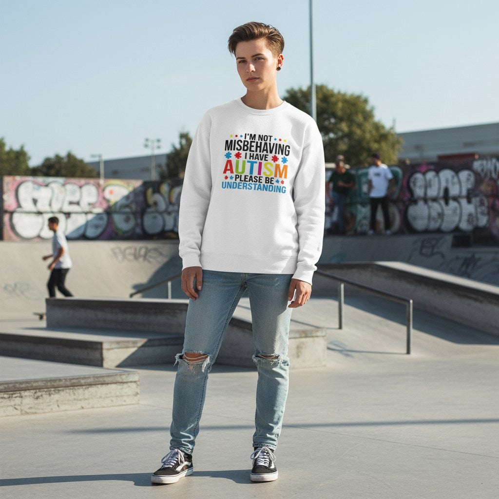Non-binary person wearing a white sweatshirt with the text I'm Not Misbehaving I Have Autism Please Be Understanding.